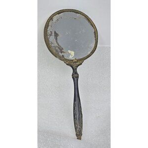 Antique Victorian Hand Mirror Ornate Brass Floral Handle Patina Beveled Glass